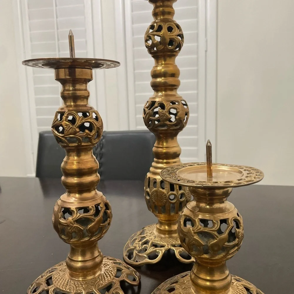 Vintage Ornate Filigree Brass Candle Holder Trio, 13 1/2 in, 9 1/2, 5 1/2
